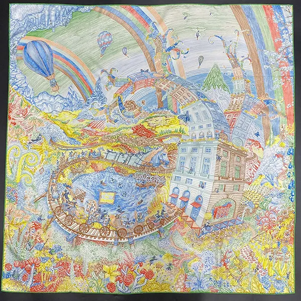 Khăn Nữ Hermès 90 Hermes Scarf Carre 90 Crazy Faubourg Màu Xanh Họa Tiết