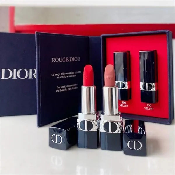 Set 2 Son Mini Dior Rouge Màu 999 Velvet Và 100 Velvet (1.5g x 2)