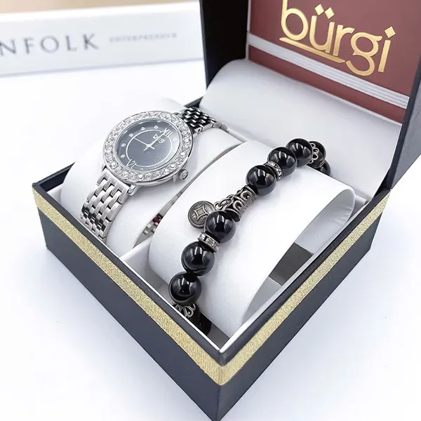 Set Đồng Hồ Nữ Burgi BUR274 Watch + Vòng Tay Đá Cẩm Thạch Màu Bạc Đen - Đồng hồ - Vua Hàng Hiệu