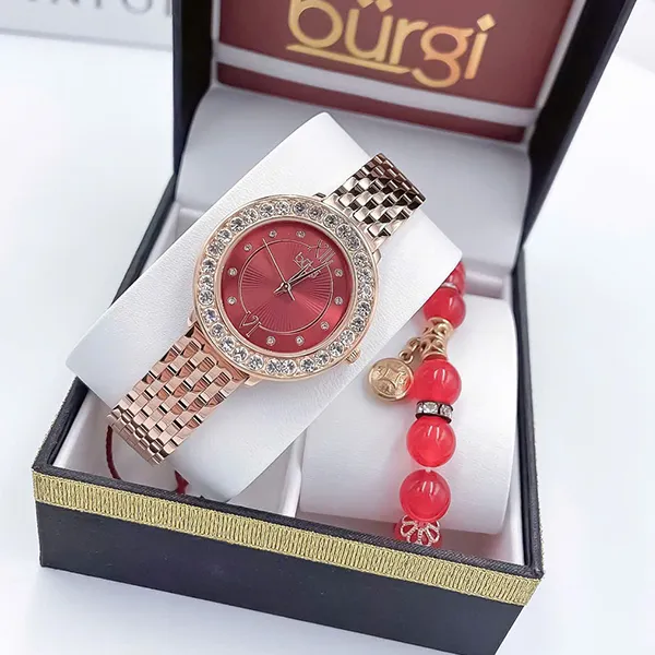 Set Đồng Hồ Nữ Burgi BUR274 Watch + Vòng Tay Đá Cẩm Thạch Màu Vàng Hồng Phối Đỏ - Đồng hồ - Vua Hàng Hiệu