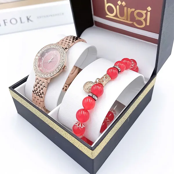 Set Đồng Hồ Nữ Burgi BUR274 Watch + Vòng Tay Đá Cẩm Thạch Màu Vàng Hồng Phối Đỏ - Đồng hồ - Vua Hàng Hiệu