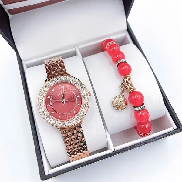 Set Đồng Hồ Nữ Burgi BUR274 Watch + Vòng Tay Đá Cẩm Thạch Màu Vàng Hồng Phối Đỏ - Đồng hồ - Vua Hàng Hiệu