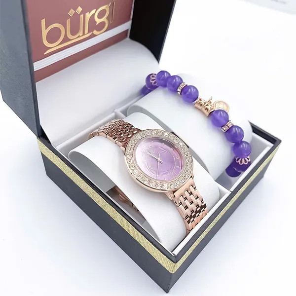 Set Đồng Hồ Nữ Burgi BUR274 Watch + Vòng Tay Đá Cẩm Thạch Màu Vàng Hồng Phối Tím