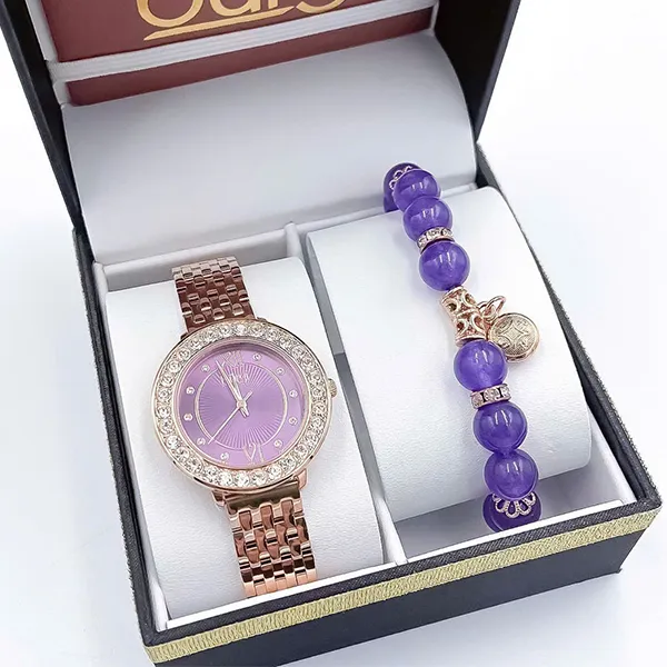 Set Đồng Hồ Nữ Burgi BUR274 Watch + Vòng Tay Đá Cẩm Thạch Màu Vàng Hồng Phối Tím