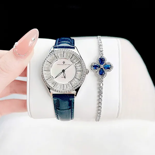 Set Đồng Hồ Và Vòng Đeo Tay Nữ Christian Van Sant Luna 33mm Màu Xanh Trắng