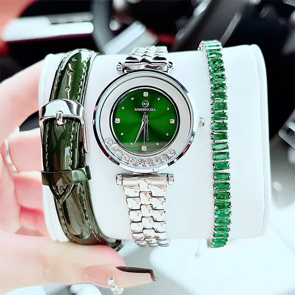 Set Đồng Hồ + Vòng Đeo Tay Nữ Roberto Era Quartz 32mm Màu Bạc Xanh Lá