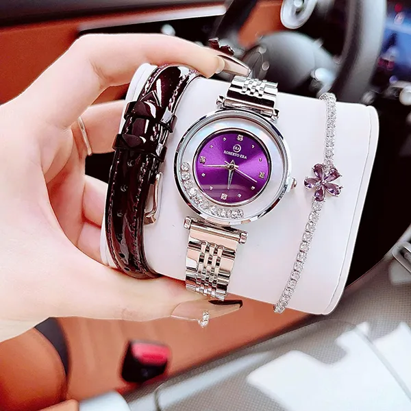 Set Đồng Hồ + Vòng Đeo Tay Nữ Roberto Era Quartz 32mm Màu Bạc Tím - Đồng hồ - Vua Hàng Hiệu