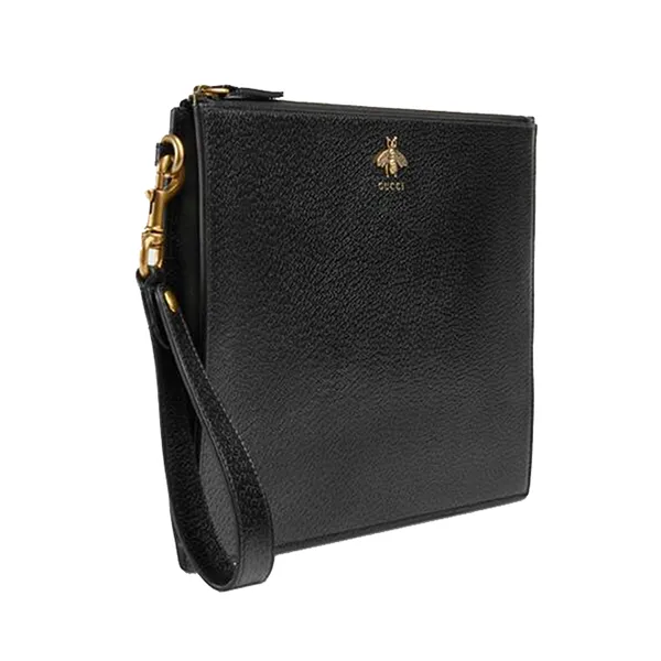 Túi Cầm Tay Nam Gucci Bee-Plaque Leather Pouch 523684-DJ20T-1000 Màu Đen