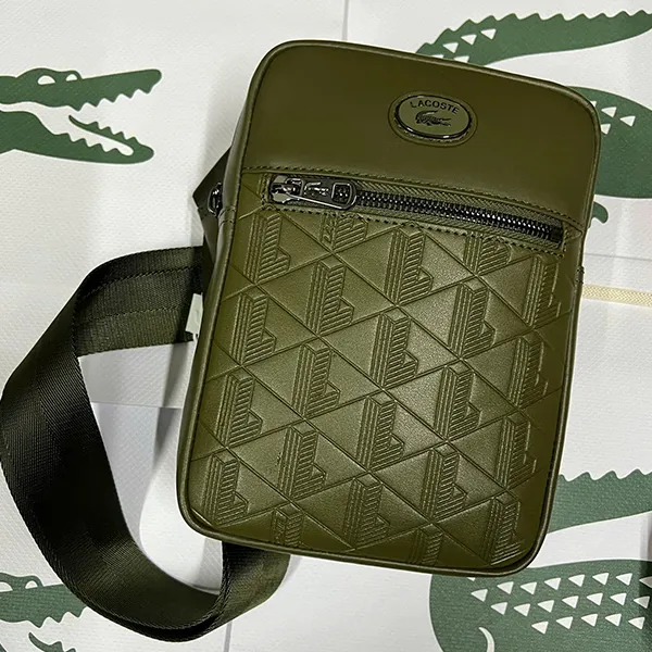 Túi Đeo Chéo Nam Lacoste Embossed Monogram Vertical Satchel NH4486MR N62 Màu Xanh Rêu