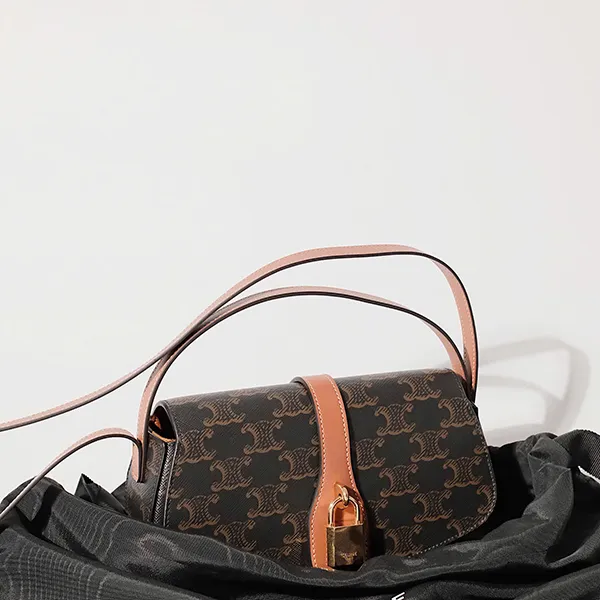 Túi Đeo Chéo Nữ Celine On Strap Tabou In Triomphe Canvas And Calfskin Tan Màu Nâu Đen - Túi xách - Vua Hàng Hiệu