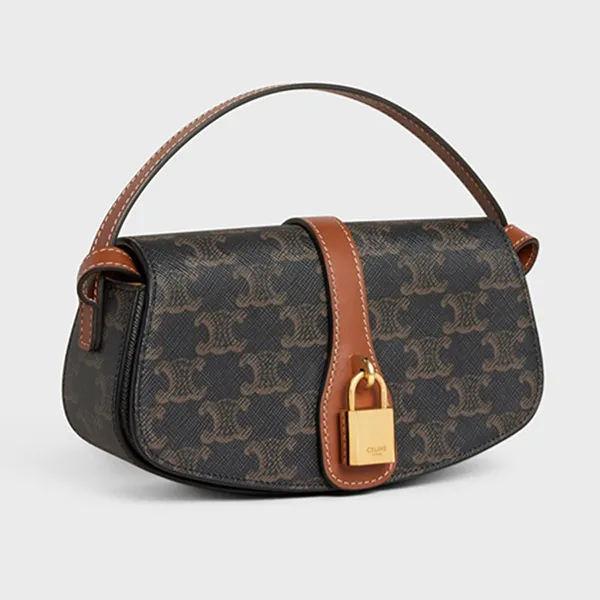 Túi Đeo Chéo Nữ Celine On Strap Tabou In Triomphe Canvas And Calfskin Tan Màu Nâu Đen - Túi xách - Vua Hàng Hiệu