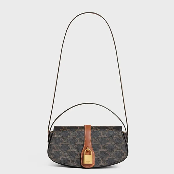Túi Đeo Chéo Nữ Celine On Strap Tabou In Triomphe Canvas And Calfskin Tan Màu Nâu Đen - Túi xách - Vua Hàng Hiệu