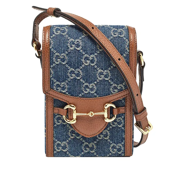 Túi Đeo Chéo Nữ Gucci GG Denim Mini Horsebit 1955 Crossbody Bag Màu Xanh Phối Nâu