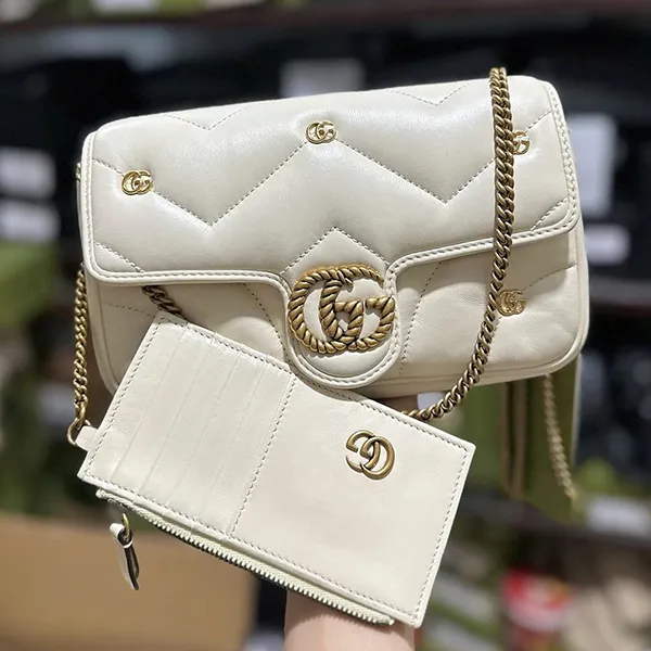 Túi Đeo Chéo Nữ Gucci GG Marmont Mini Shoulder Bag Màu Trắng Kem (Kèm Ví Đựng Thẻ) - Túi xách - Vua Hàng Hiệu