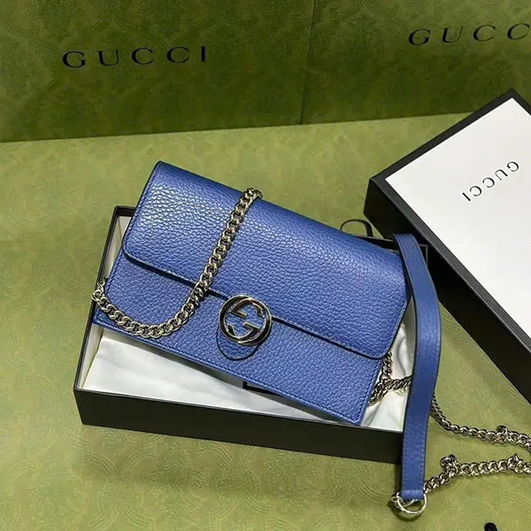 Túi Đeo Chéo Nữ Gucci Interlocking GG Leather Wallet On Chain Màu Xanh Blue - Túi xách - Vua Hàng Hiệu