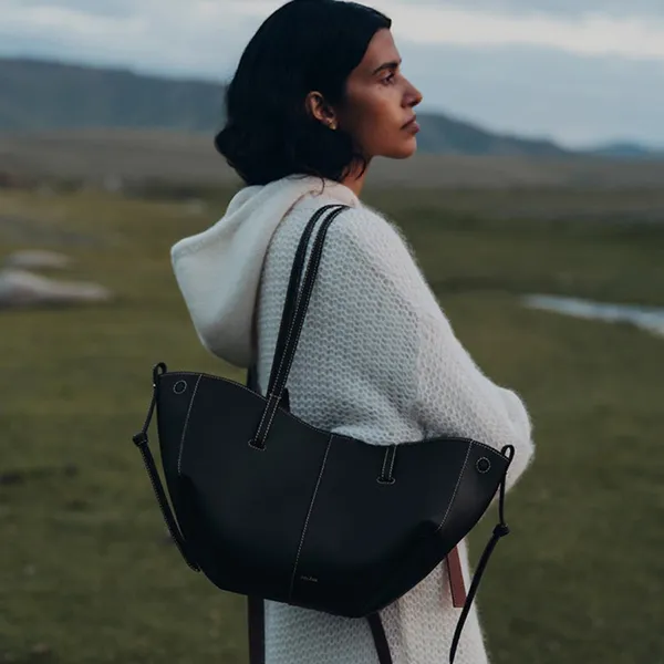 Túi Tote Nữ Polène Cyme Mini Edition Textured Black with Ecru Stitching Màu Đen