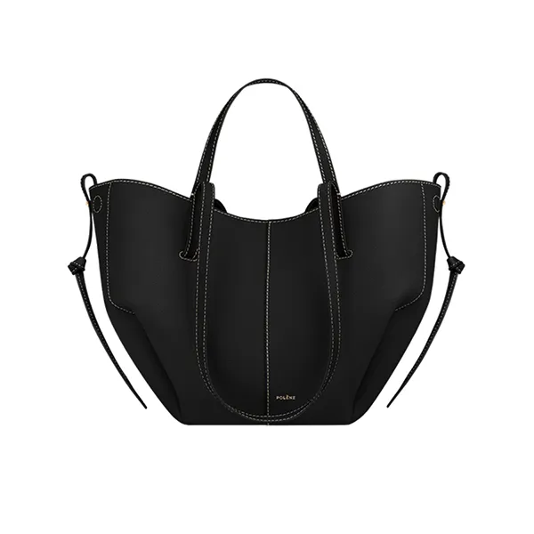 Túi Tote Nữ Polène Cyme Mini Edition Textured Black with Ecru Stitching Màu Đen