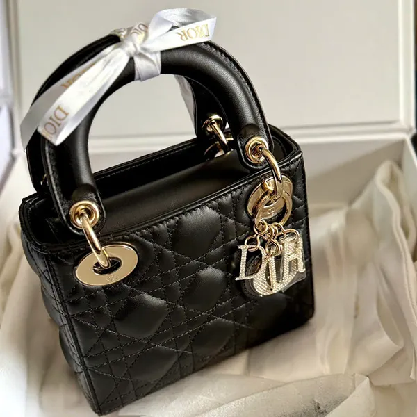 Túi Xách Tay Nữ Dior Mini Bag Cannage Lambskin Charm Màu Đen