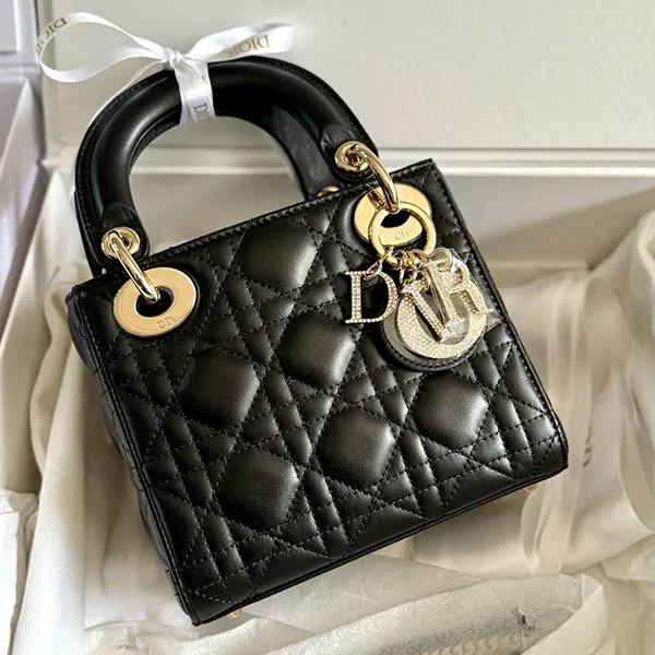 Túi Xách Tay Nữ Dior Mini Bag Cannage Lambskin Charm Màu Đen