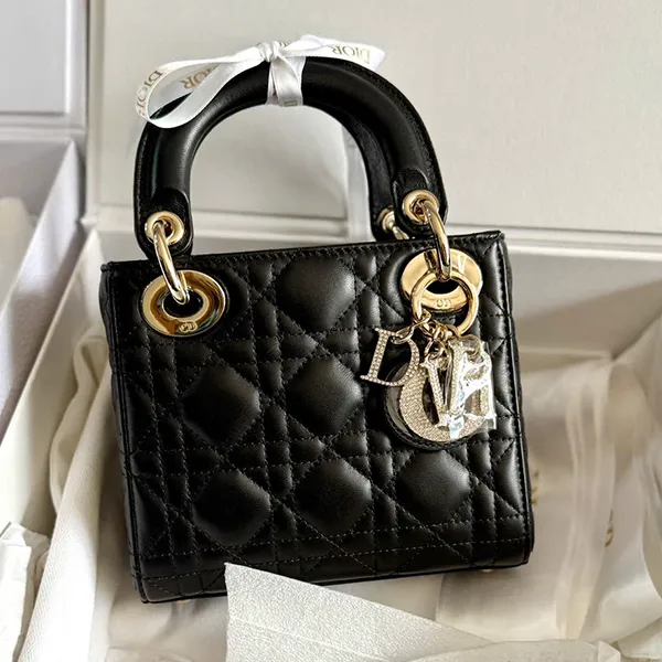 Túi Xách Tay Nữ Dior Mini Bag Cannage Lambskin Charm Màu Đen