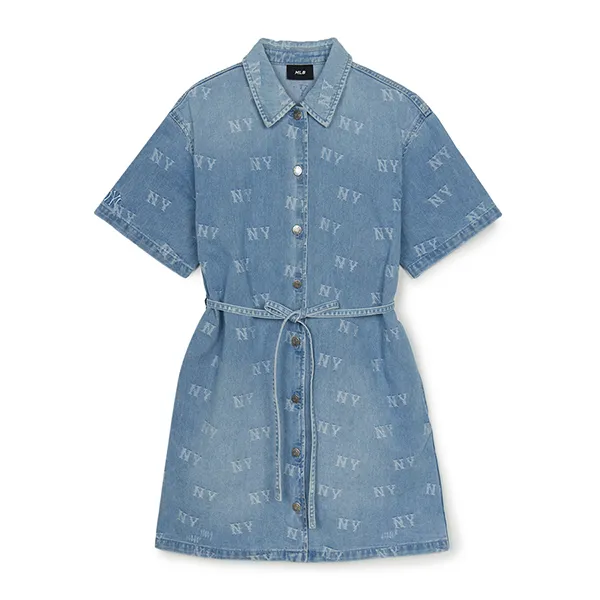 [MLB] Classic Monogram JQD Denim Dress ★すぐ品切れ★ Váy Liền MLB Classic Random Monogram Jacquard Short Sleeve