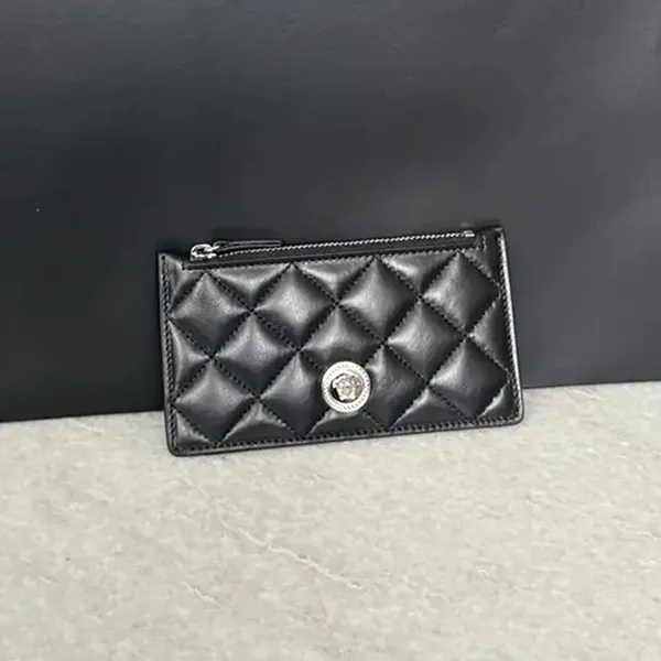 Ví Đựng Thẻ Versace Medusa Head Quilted Black Leather Zipper Card Wallet 1013357 Màu Đen D- PA