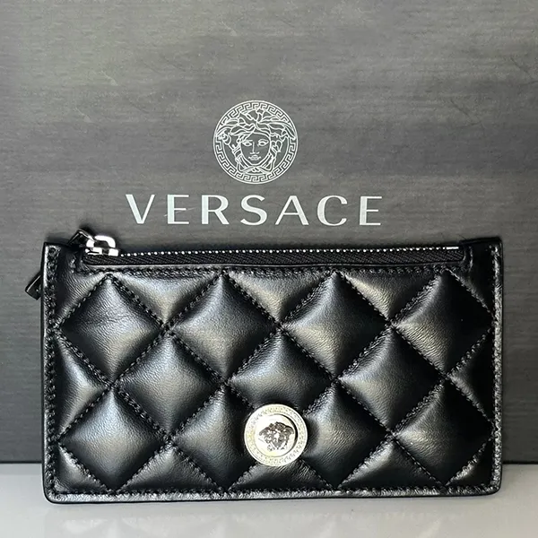 Ví Đựng Thẻ Versace Medusa Head Quilted Black Leather Zipper Card Wallet 1013357 Màu Đen D- PA