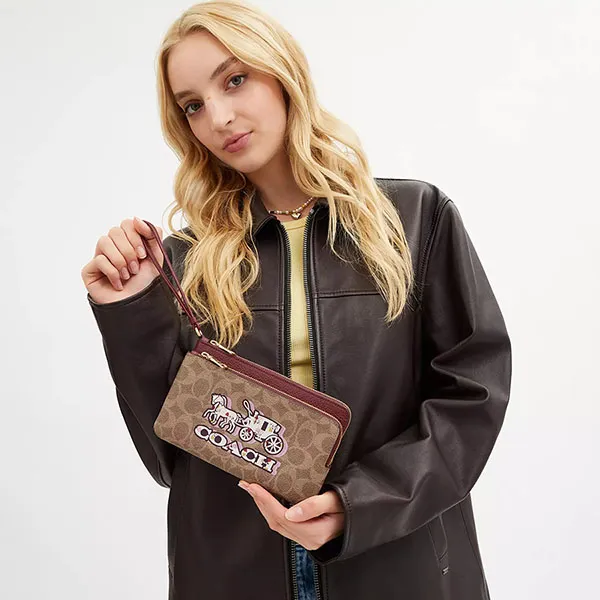 Ví Nữ Coach Double Zip Wallet In Signature Canvas With Horse And Carriage CX590 Màu Nâu