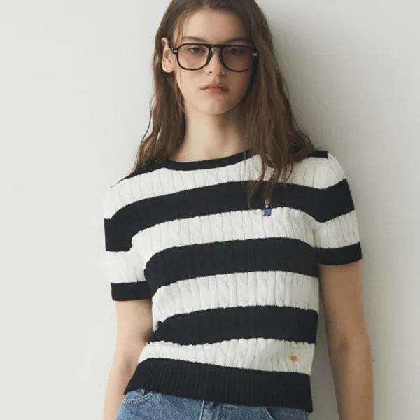 Áo Len Nữ WHOAU Steve Stripe Cable Short Sleeve Knit WHKAE2413F Màu Đen Trắng Size M - Thời trang - Vua Hàng Hiệu
