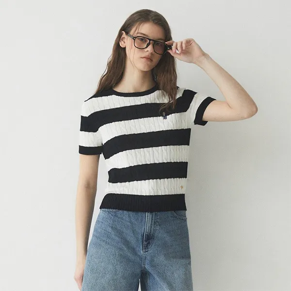 Áo Len Nữ WHOAU Steve Stripe Cable Short Sleeve Knit WHKAE2413F Màu Đen Trắng Size M - Thời trang - Vua Hàng Hiệu