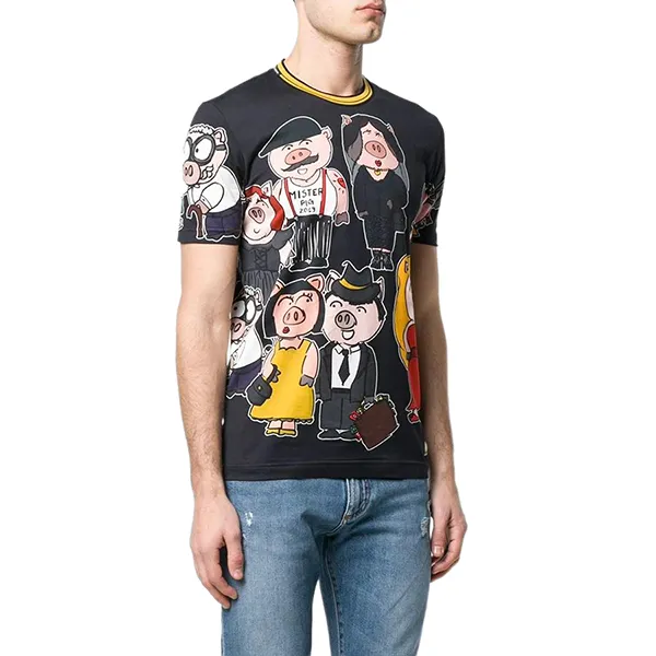 Áo Phông Nam Dolce & Gabbana D&G Pig Family Short Sleeved T-Shirt Màu Đen Size 44