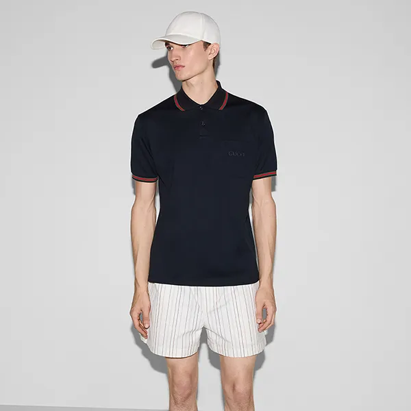 Áo Polo Nam Gucci Cotton Polo Shirt With Embroidery ‎795174 XJG5C 4330 Màu Xanh Đậm Size M