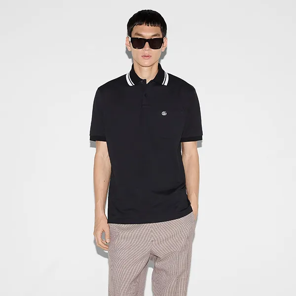 Áo Polo Nam Gucci Cotton Shirt With Embroidery 795174 XJG16 4003 Màu Xanh Navy Size XS
