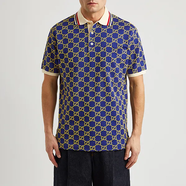 Áo Polo Nam Gucci Monogrammed Logo Piqué Stretch Cotton Shirt Màu Xanh Họa Tiết Size M