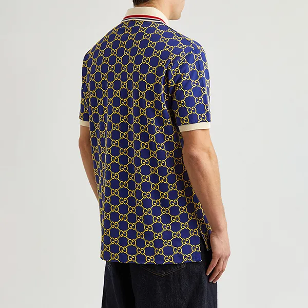 Áo Polo Nam Gucci Monogrammed Logo Piqué Stretch Cotton Shirt Màu Xanh Họa Tiết Size M