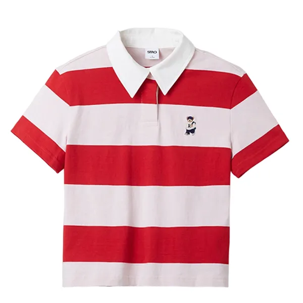 Áo Polo Nữ Spao Crop Kẻ Màu Đỏ Trắng Size M