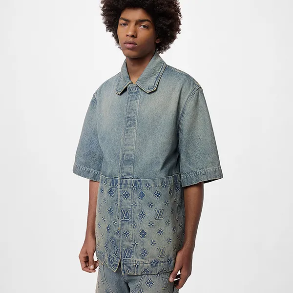 Áo Sơ Mi Bò Nam Louis Vuitton LV Short-Sleeved Denim Workwear Shirt Màu Xanh N-YT
