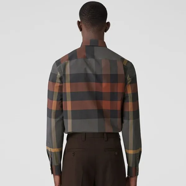 Áo Sơ Mi Nam Burberry Check Stretch Cotton Poplin Shirt Màu Xám Kẻ Size XL