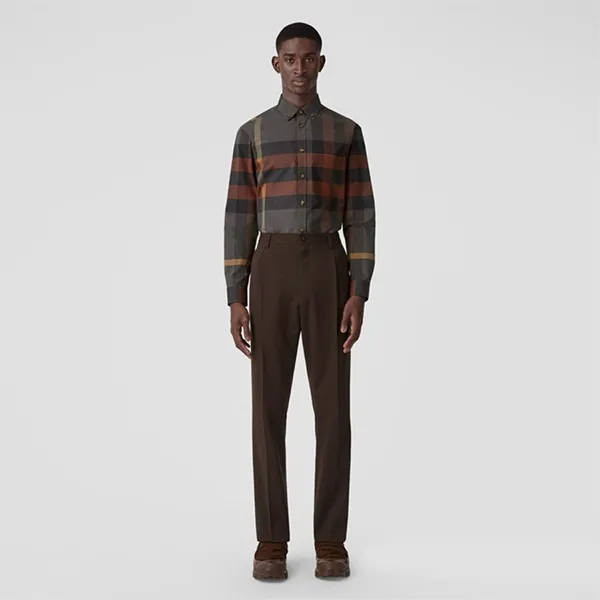 Áo Sơ Mi Nam Burberry Check Stretch Cotton Poplin Shirt Màu Xám Kẻ Size XL