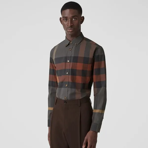 Áo Sơ Mi Nam Burberry Check Stretch Cotton Poplin Shirt Màu Xám Kẻ Size XL