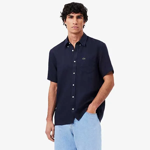 Áo Sơ Mi Nam Lacoste Men's Short Sleeve Linen Shirt CH5699 166 Màu Xanh Navy Size 38
