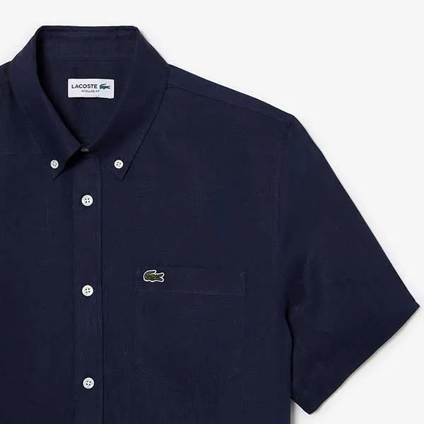 Áo Sơ Mi Nam Lacoste Men's Short Sleeve Linen Shirt CH5699 166 Màu Xanh Navy Size 38
