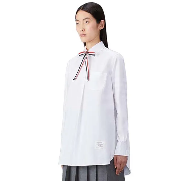 Áo Sơ Mi Nữ Thom Browne Button Oxford 4-Bar Bow Tie Blouson FLL139A/06496100 Màu Trắng Size 38