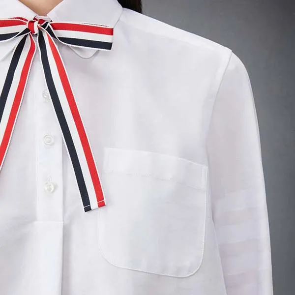 Áo Sơ Mi Nữ Thom Browne Button Oxford 4-Bar Bow Tie Blouson FLL139A/06496100 Màu Trắng Size 38
