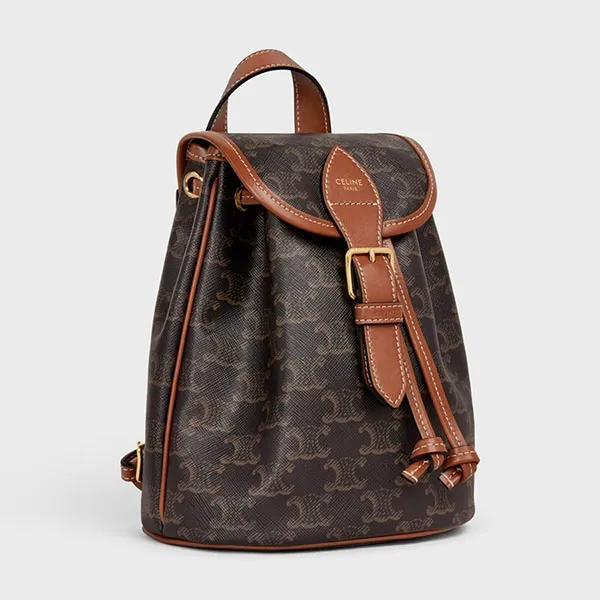 Balo Nữ Celine Mini Folco In Triomphe Canvas And Calfskin Backpack 197662CAS 04LU Màu Nâu Đen