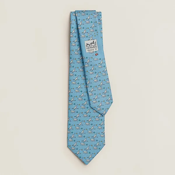 Cà Vạt Nam Hermès Puppy Dream Tie Ciel/ Gris / Émeraude Màu Xanh Dương