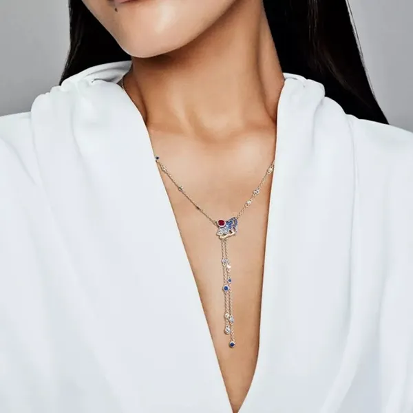 Dây Chuyền Nữ Pandora Blue/ Red Ruby Fan Y-Necklace 398183SRUMX Màu Xanh Bạc C_QP