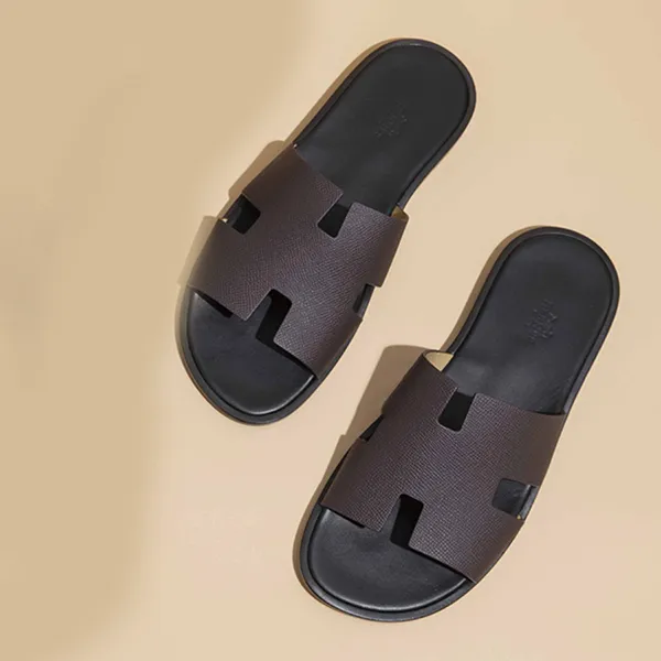 Dép Nam Hermès Izmir Epsom Sandal Màu Nâu Đen Size 40.5