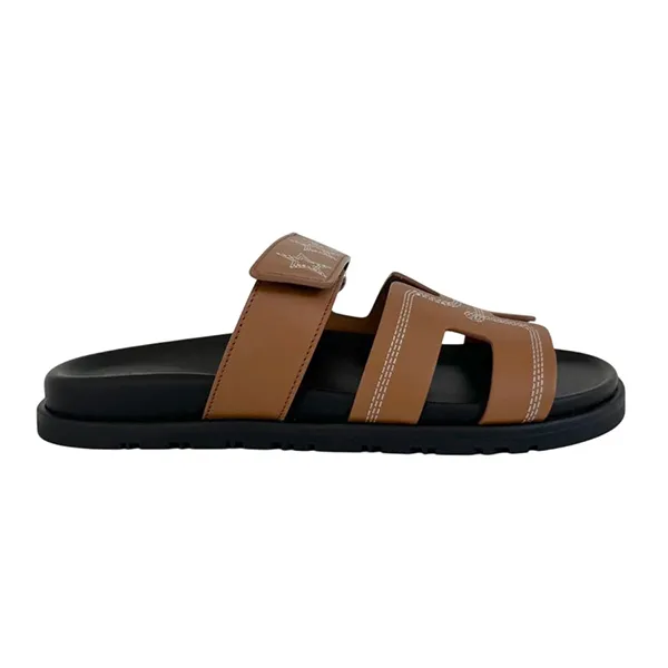 Dép Nữ Hermès Embroidered Chypre Caramel Sandals Màu Nâu Đen Size 37