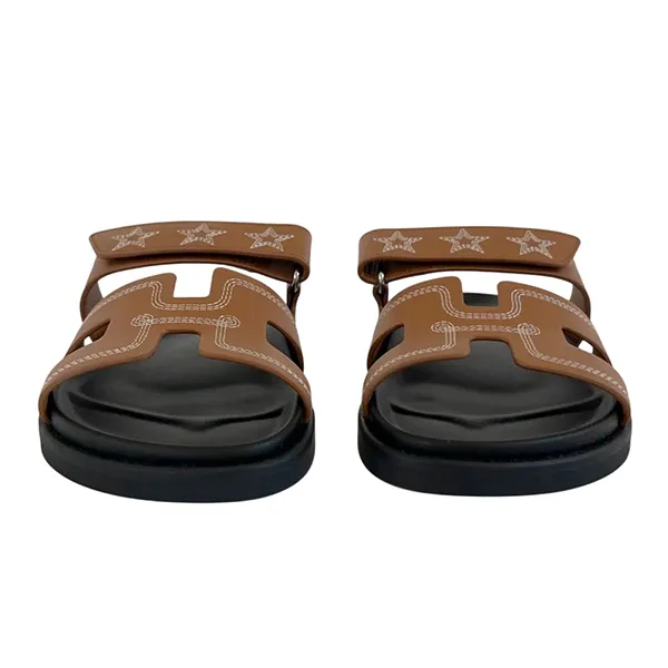Dép Nữ Hermès Embroidered Chypre Caramel Sandals Màu Nâu Đen Size 37
